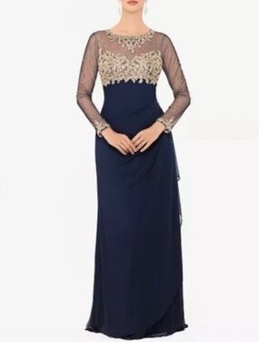 Petite XSCAPE Embellished Sheer Long Sleeve Ruched Gown in Navy/gold